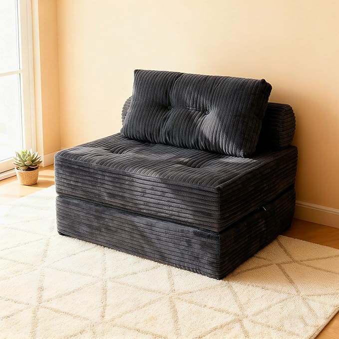Folding Sofa Bed Futon, Boneless Couch, Supportive Sleeper Chair with Pillow, Comfy Plush Corduroy Fabric, Cozy Floor Couch, Versatile Convertible Mattress for Living Room, Dark Grey