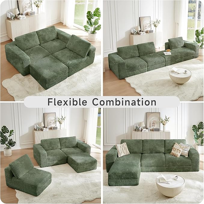 ONBRILL 110" Modular Sectional Sofa, L Shaped Couch 4 Seater with Sleeper Chaise, Sectional Couch with Deep Seat,Upholstered Corduroy Cloud Couches for Living Room,Bedroom,No Assembly Required,Green