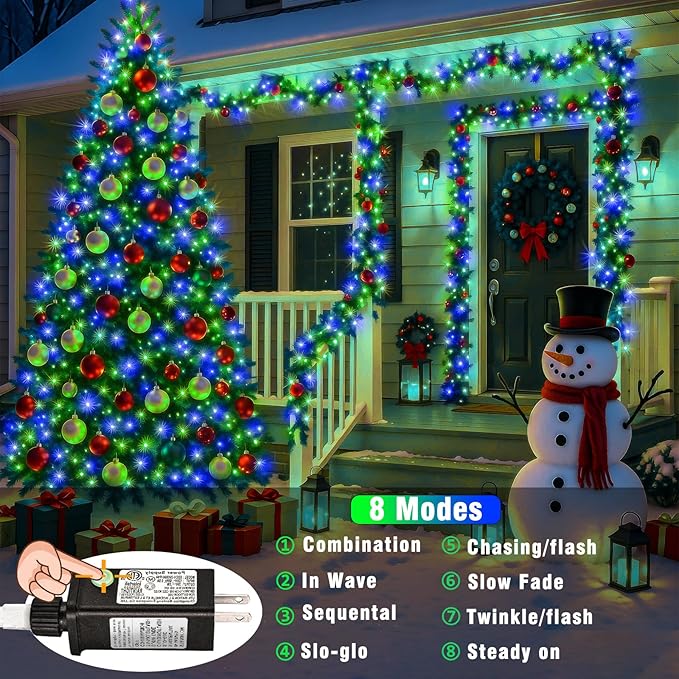 500 LED Christmas Lights Outdoor 165FT Connectable String Lights Indoor 8 Modes Clear Wire Plug in Waterproof Twinkle Fairy Lights for Bedroom Christmas Tree Party Decorations, Blue&Green