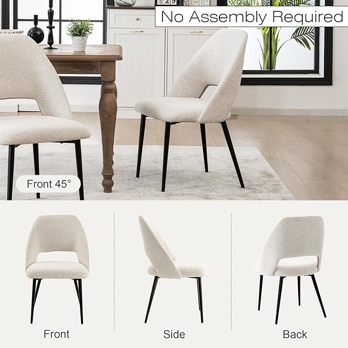 Rowill Boucle Dining Chairs Set of 6, Mordern Upholstered Fabric Dining Room Chairs, Kitchen Side Chairs with Metal Legs for Guest Reception Waiting Living Room, Beige