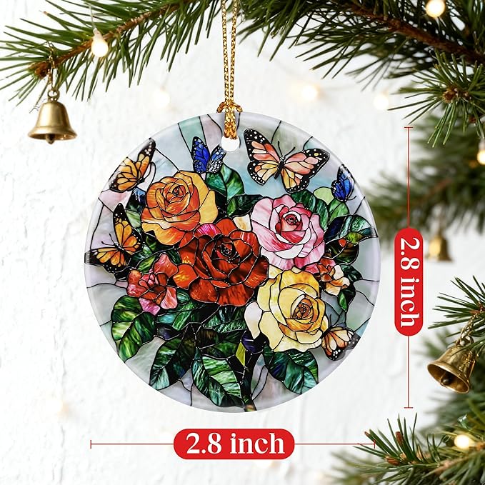 Butterfly & Rose Ornament | Christmas Ornaments, Christmas Decorations, Hanging Ornaments for Tree, Holiday Decor Gifts | Gifts for Flower Lover, Women, Friend, Neighbor | Gift Exchange Ideas