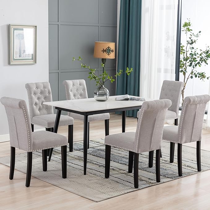 Westice Dining Room Chairs Set of 6 Upholstered Fabric Kitchen Chairs Dining Room Side Chair with Nailhead Trim and Rubber Wood Legs for Small Space Apartment, Light Gray