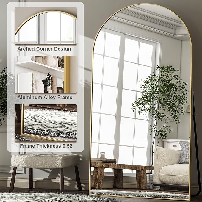 HARRITPURE 86x46 inch Full Length Mirror - Oversized Arched Mirror Aluminum Frame Full Body Floor Mirror with Stand for Living Room,Bedroom,Cloakroom,Gold