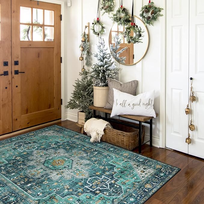 Moynesa Ultra-Thin Washable Area Rug - 4x6 Teal Living Room Rug Oriental Rugs for Bedroom, Non Slip Non Shedding Low Pile Entryway Carpet for Bedroom Dressing Room Office