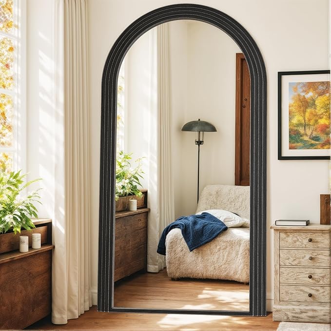 Antok Full Length Mirror 82"×44" Floor Mirror Standing Tall Mirror, Arched Stand up Large Wall Mirrors, Freestanding Full Body Mirrors for Bedroom Living Room Wood Vintage Style Black