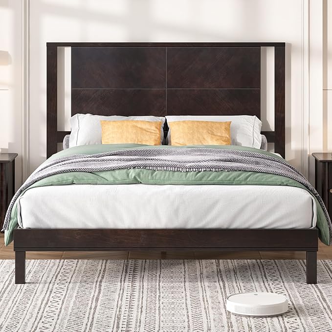 AMERLIFE Solid Wood Queen Size Bed Frame with Headboard, Rustic Style Platform Bed Frame with Under-Bed Storage, No Box Spring Needed, Noise Free, Easy Assembly, Dark Brown