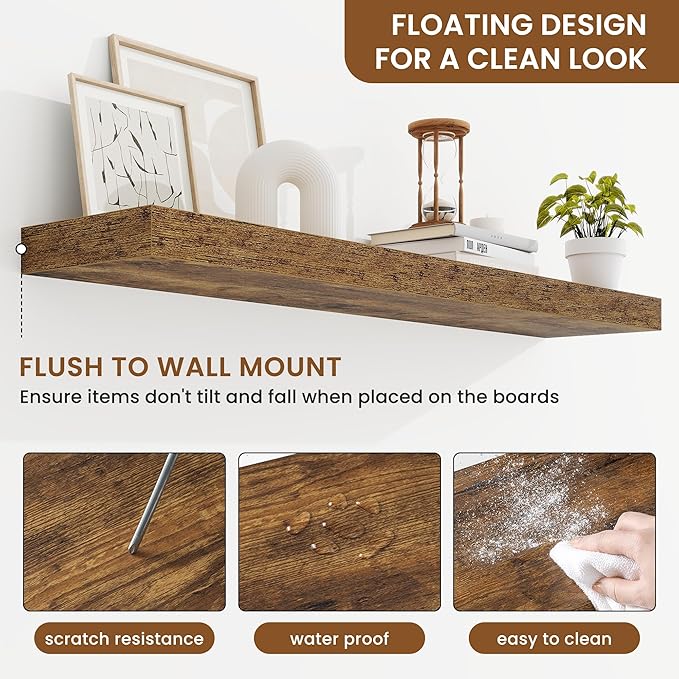 fuqing Floating Shelves for Wall, Wall Mounted Wood Floating Shelf with Invisible Brackets for Living Room, Bathroom, Bedroom, Kitchen Storage and Decor, 40 Inch Set of 2, Rustic Brown