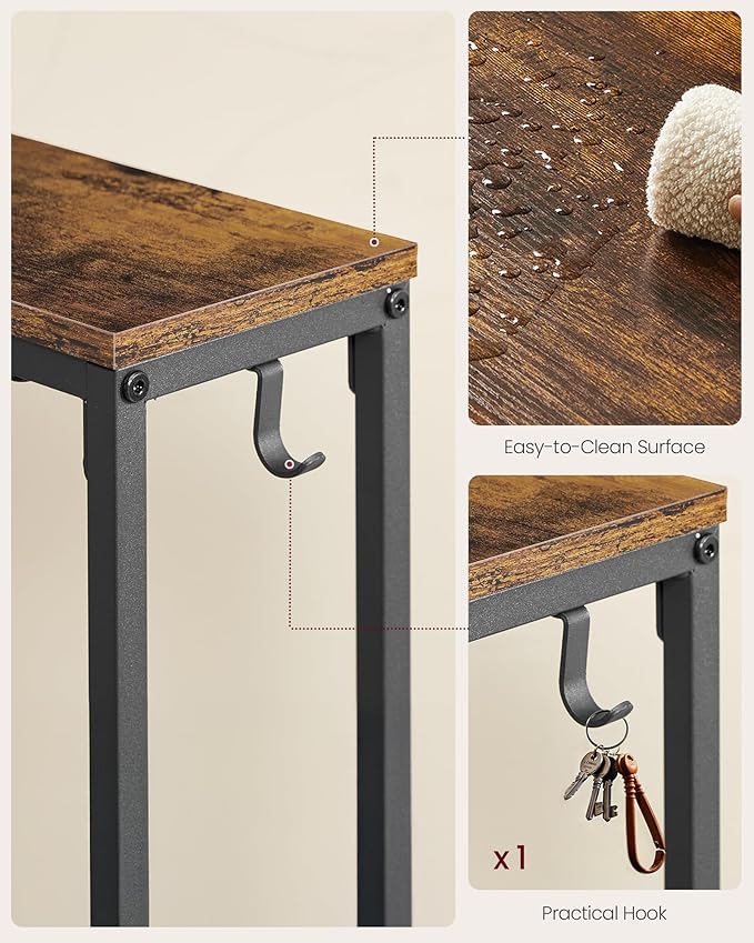 VASAGLE Console Table with Power Outlet, Slim Behind Couch Sofa Table, 5.9 x 39.4 x 31.5 Inches, 1 Hook, Easy Assembly, for Entryway, Living Room, Rustic Brown and Ink Black ULNT079K01