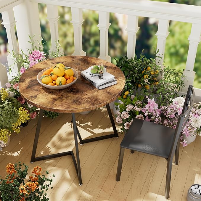 VECELO Small Round Kitchen Table with 2 Upholstered Chairs, 3-Piece Wood Dinette Sets with Steel Frame for Breakfast Nook, Dining Room, and Small Space, Brown