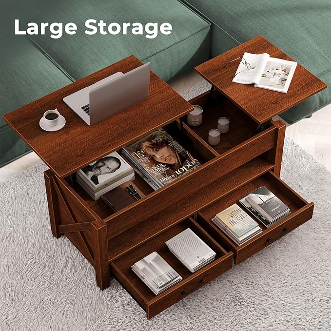 Seventable Coffee Table, 39.3" Lift Top Coffee Table with 2 Storage Drawers and Hidden Compartment, Farmhouse Center Table with Wooden Lift Tabletop, for Living Room,Espresso