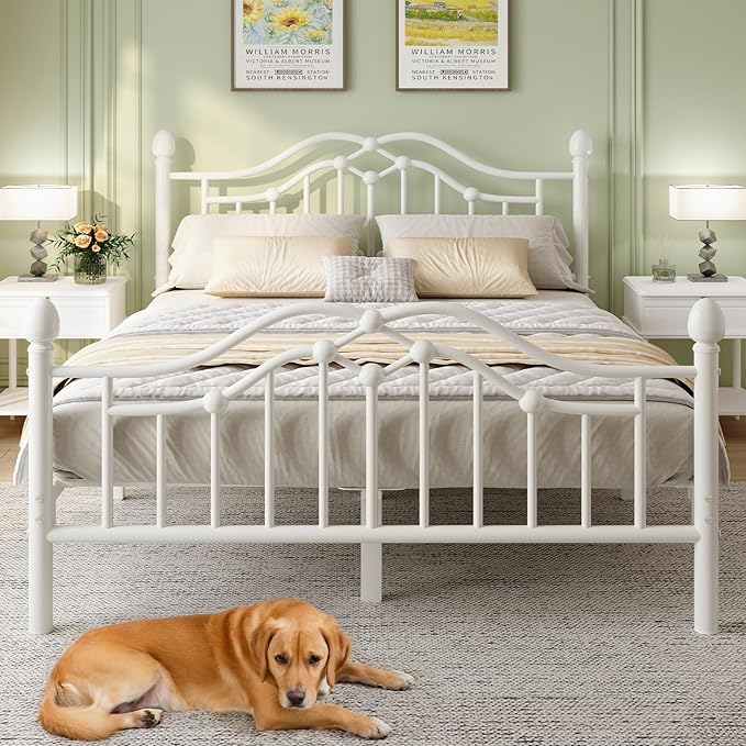 Full Metal Platform Bed Frame, Bed Frame with Victorian Headboard and Footboard, Strong Metal Slats Support, Mattress Foundation No Box Spring Needed, Easy Assembly, Noise Free, White