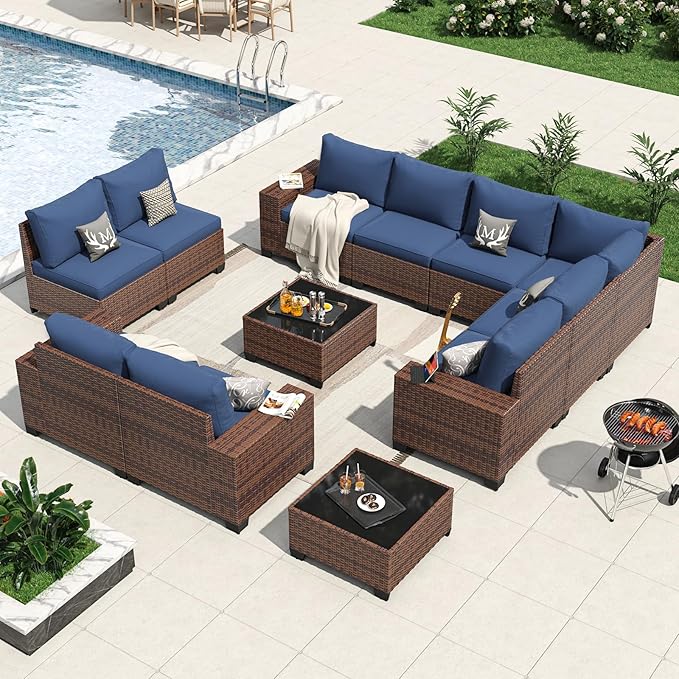 Aoxun 12 Pieces Patio Furniture Set Wicker Rattan Outdoor Sectional Conversation Set with Coffee Table and 4” Thickened Cushions, Blue (Waterproof Cover Included)