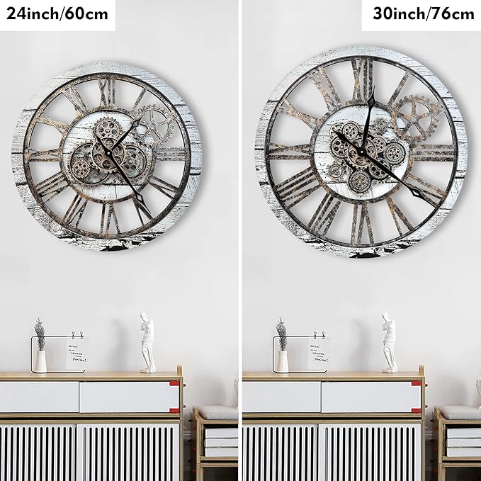 The B-Style Large Wall Clock 24 inch Moving Gear Wall Clock Oversized Vintage Farmhouse Wall Clocks for Living Room Decor Rustic Industrial Wood Clock (Gray White and Bronze Gears, 30 inch/76cm)
