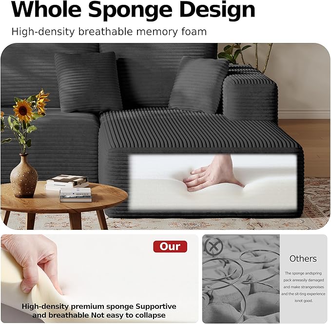 108'' Modular Sectional L-Shaped with Chair,Deep Seat Boneless Corner Couch for Living Room,Plush Corduroy Couch with Detachable Sofa Set,No Assembly(Right Facing Chaise，Gray)