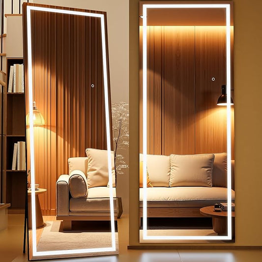 Full Length Mirror with Lights, 67" x 24" LED Lighted Floor Standing Mirror, Tempered Glass, Square Black