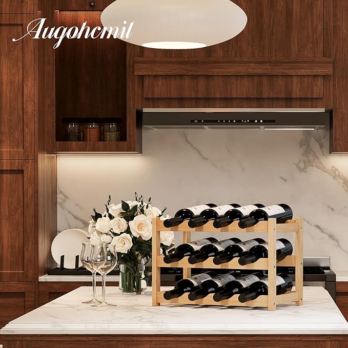 Wine Rack，Bamboo Wine Storage Cabinet Shelf，Countertop Wine Shelf- Freestanding Wine Holder for Kitchen & Pantry (Natural, 3-Tier)