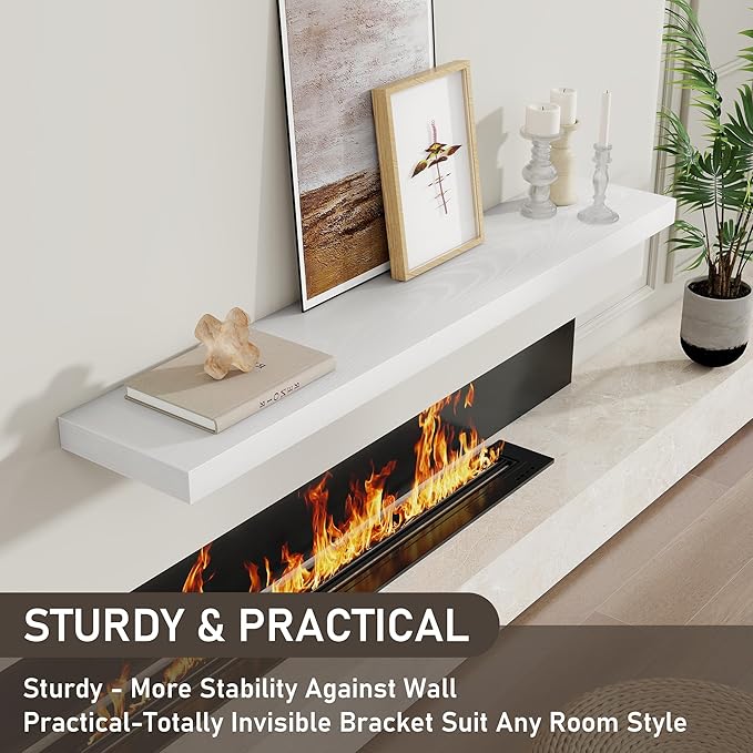 Fun Memories 48 Inch Floating Shelves for Wall 8 Inch Deep White Shelves Set of 2, Wall Mounted Rustic Wood Long Floating Shelf, Large Display & Storage Shelf with Invisible Brackets