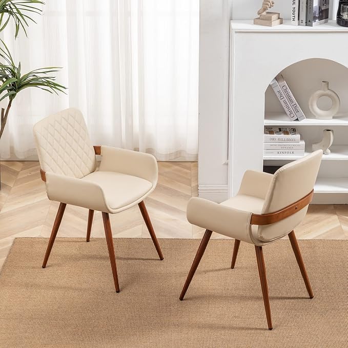 LUNLING Mid Century Modern Faux Leather Dining Room Chairs,Upholstered Seat Metal Legs Chairs Cream White Faux Leather Kitchen Chair Reception Room Chair,1PCS
