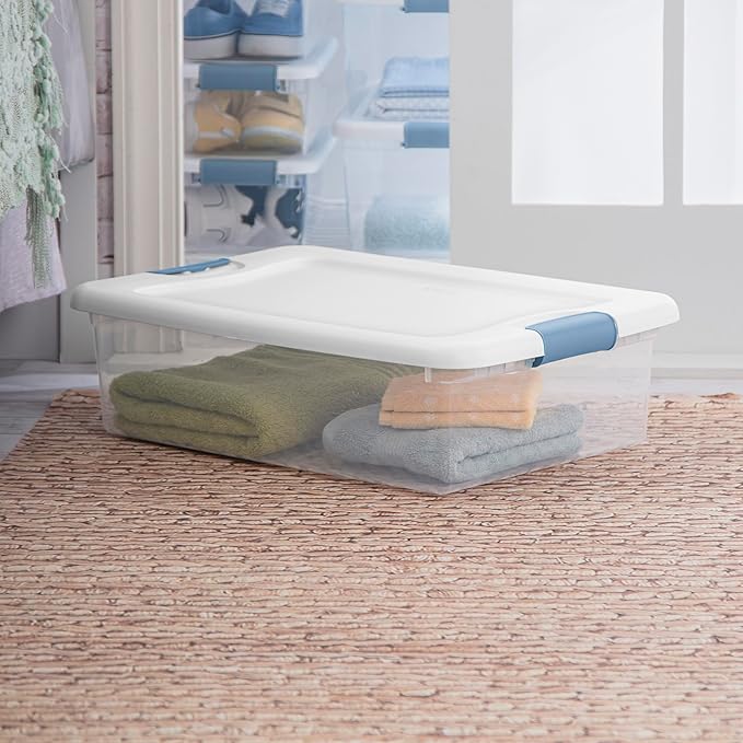 Sterilite 12-Pack Latching Box, Under Bed Storage Bins with Lids, Clear Plastic, 32 Quart - Heavy-Duty Organizing Containers for Closet, Bathroom, and Office