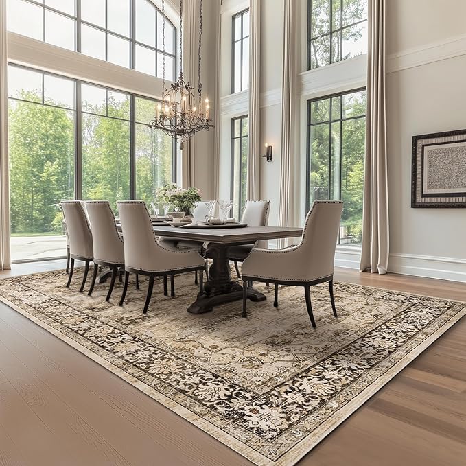 9x12 Large Rugs for Living Room Washable Boho Farmhouse Area Rugs Soft Faux Fur Low Pile Non Slip Stain Resistant Vintage Euro Floral Carpet Rug for Bedroom Dining Room Family Room,Hazel Brown