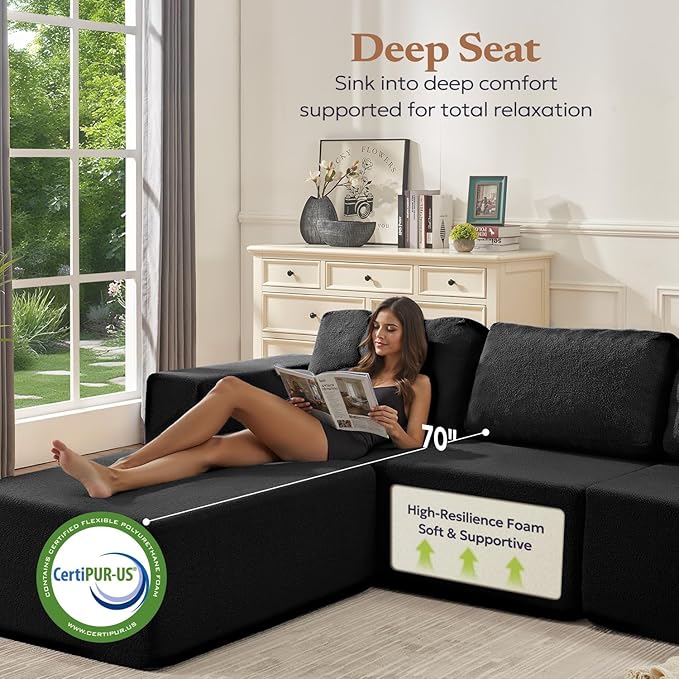 136" Modular Sectional Couch Left/Right Facing Convertible, L-Shape Modern Teddy Sofa, Deep Seat Upholstered Foam Couch for Living Room Bedroom, No Assembly Required (Black, Teddy Boucle)