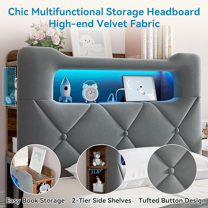 Twin Upholstered LED Bed Frame with 2 Storage Drawers and 2-Tier Storage Bookcase Headboard, Velvet Platform Bed for Kids/Girls/Boys, Heavy Duty Metal Support, No Box Spring Needed, Grey