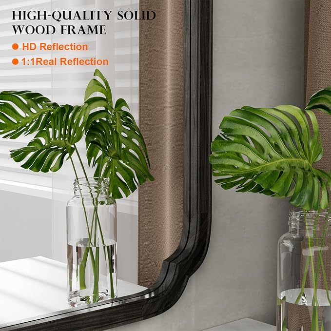 WallBeyond 24" x 36" Rounded Corner Arch Wall Mirror with Wood Frame for Entryway, Living Room or Bedroom Home Decor - Light Woodgrain [24" x 36" Black]