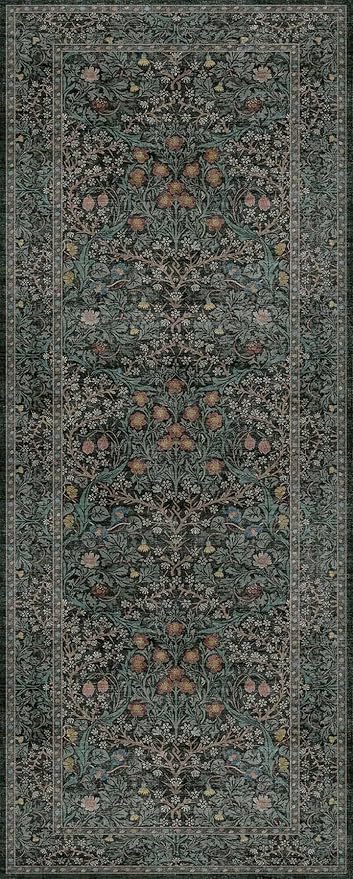 Dark Green 2x5 Runner Rug Non Slip Washable for Bathroom, Kitchen, Floral Boho Low Pile Entryway Rug, Door Mat Indoor Entrance, Small Carpet Runner for Laundry Room