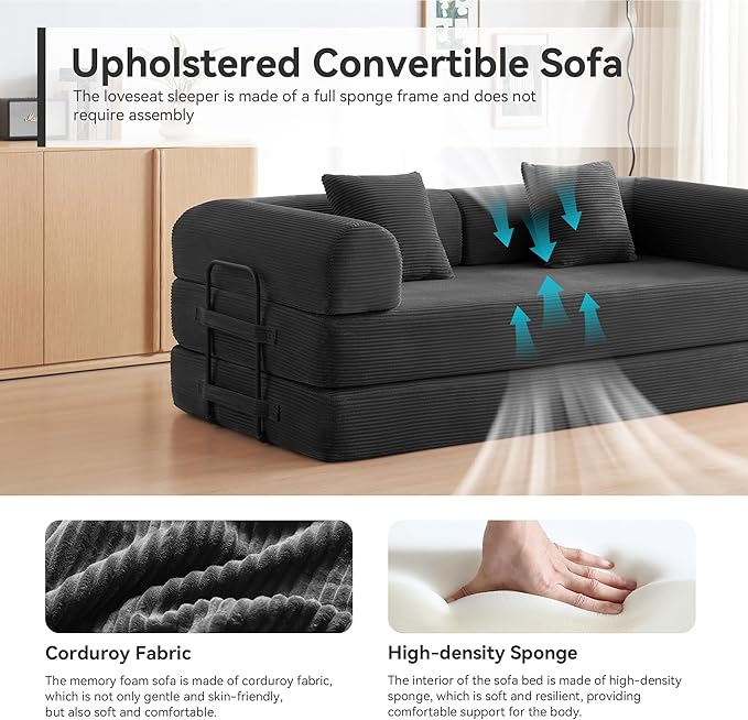 Convertible Sleeper Sofa Bed with Cylindrical Pillow, Comfy Foldable Sofa Bed Compressed Sofa in Box, Floor Sofa Lounge Couch for Living Room Bedroom Lounge Studio, Tool-Free Assembly (Black)