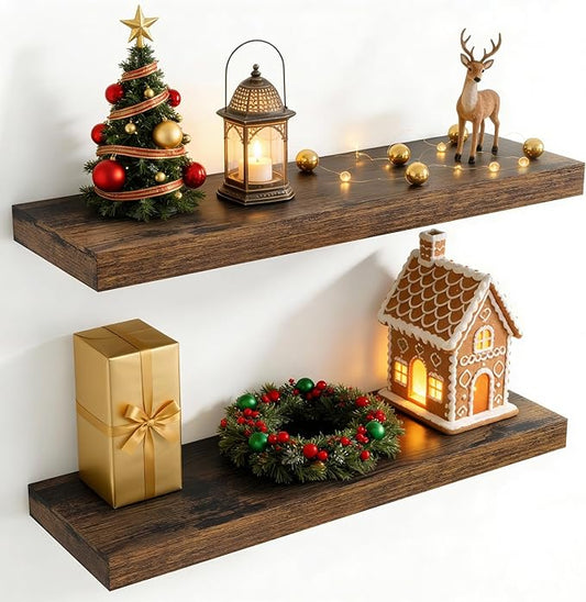 30 Inch Floating Shelves for Wall, 8 Inch Deep Floating Shelf for Storage & Display, Wall Mounted Shelf with Invisible Brackets for Living Room, Kitchen, Bathroom, Home Decor, Set of 2, Rustic Brown