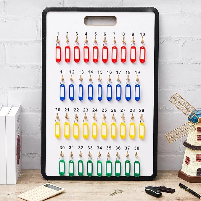 Key Hook Board Rack with 40 Pcs Plastic Tags Set 23.4 x 15.5 Inch Key Holder Wall Mount with 38 Hooks Self Closing Tabs Colored Labels for Car Hotels Office House Storage Organization