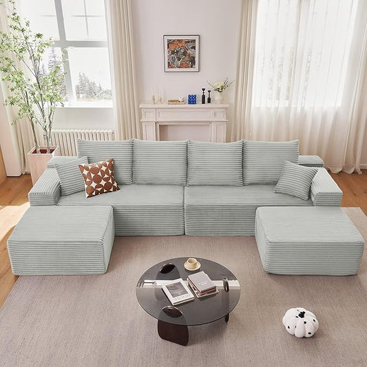 140" Sectional Cloud Couch for Living Room, Stupendous U Shaped Sofas, Modular Floor Deep-Seat Sofa, Big Comfy Corduroy Couches Set with Fluffy Memory Foam, No Assembly Required, Grey