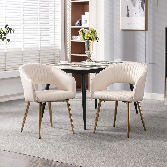 Modern Dining Chairs Set of 2, Upholstered PU Leather Gold Dining Room Chairs with Hollow Back, Accent Armrest Kitchen Chairs with Gold Legs for Living Room Cream