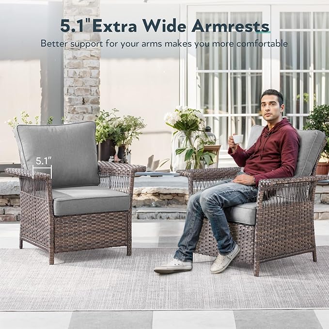 Wicker Outdoor Chairs Set - 3 Pieces Hollow Widen Armrests Patio Furniture Set with Side Table, Comfortable High Back Rattan Chairs for Balcony Porch Deck and Yard - Brown/Gray