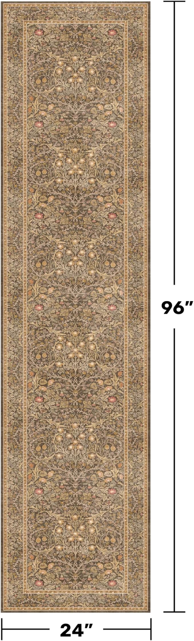 Non Slip 2x8 Gold Brown Long Hallway Runner Rug - Washable Entryway Rug, Stain Resistant Kitchen Floor Mat - Vintage Floral Indoor Décor, Low Pile & Soft Carpet