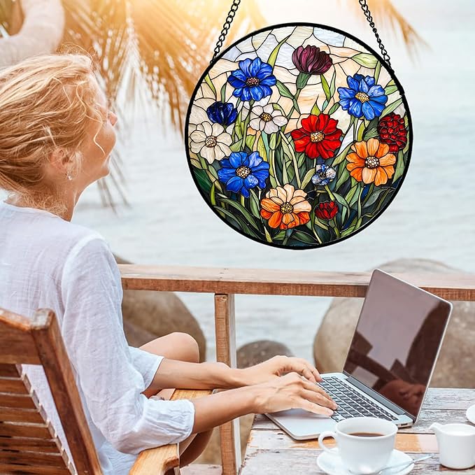 Stained Glass Suncatcher, Colorful Flowers Green Leaf Sun Catcher Landscape Stain Glass Window Hanging Decoration Mother's Day Birthday Gifts for Women Men Mom Nana 9.8 in