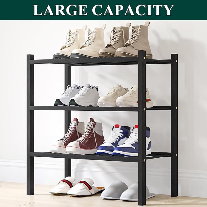 Smiry Shoe Rack, 3 Tier Small Bamboo Shoe Organizer, Stackable Free Standing Wooden Shoe Storage Shelf for Closet, Entryway, Front Door Entrance, Black