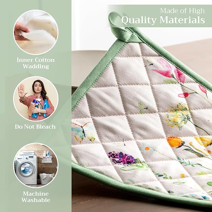 Maison d' Hermine Pot Holders set 100% Cotton Heat Resistant Potholders 8" x 8" Hot Pads with Loop BBQ, Cooking, Baking, Grilling, Kitchen, Handling Hot Pans Spring/Summer (Pack of 2, Botanical Fresh)