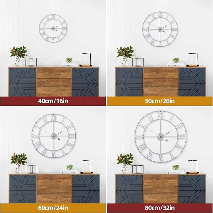 1st owned Large Wall Clock Metal Retro Roman Numeral Clock, Modern Round Wall Clocks Almost Silent, Easy to Read for Living Room/Home/Kitchen/Bedroom/Office/School Decor (Silver, 32 Inch)