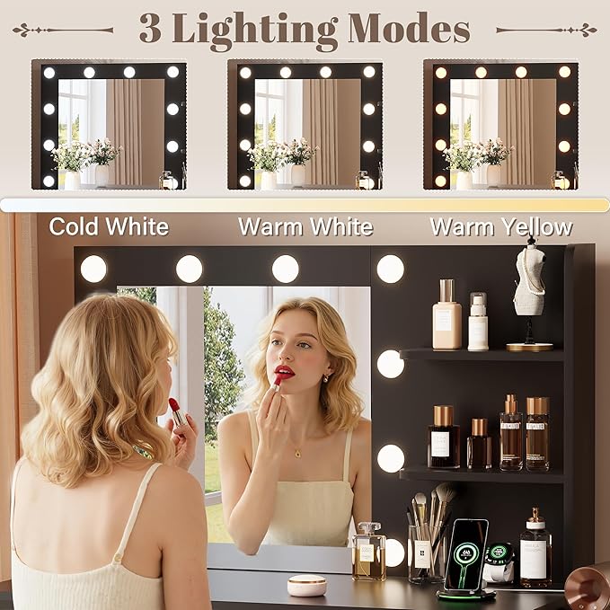 YESHOMY Vanity Desk with Mirror, 10 Lights, Power Outlet and 3 Storage Shelves, Makeup Table with 2 Drawers & 1 Cabinet, 3 Color Modes, for Bedroom, Black