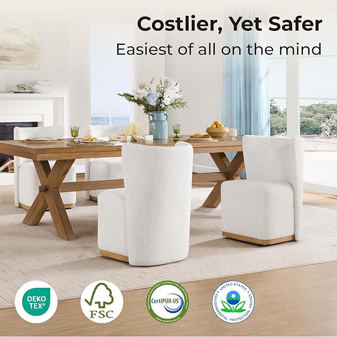 CHITA Upholstered Rolling Dining Chair on Casters Set of 2, FSC Certified Modern Fabric Dining Chair with Casters, Boucle Dining Chairs for Reading Room Kitchen Dining Room, Pearl