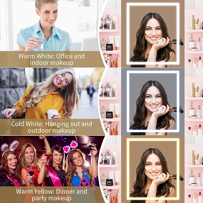 Garvee Vanity Desk with Lights | Tri-Mode LED Lighted Mirror & Charging Station | Makeup Vanity Set with 6 Shelves, 2 Drawers, Soft Cushion Stool | Dimmable Vanity Desk for Bedroom (Pink)