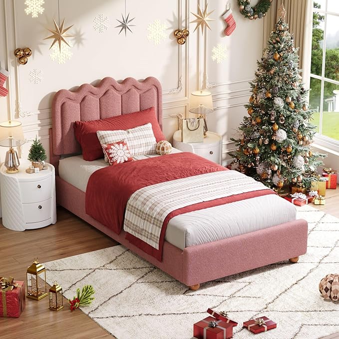 Twin Bed Frame with Headboard, Boucle Bed Frame, Soft Upholstered Platform Cloud Bedframe with Footboard, Solid Wood Legs, Solid Wooden Slats Support, No Box Spring Required, Easy Assembly