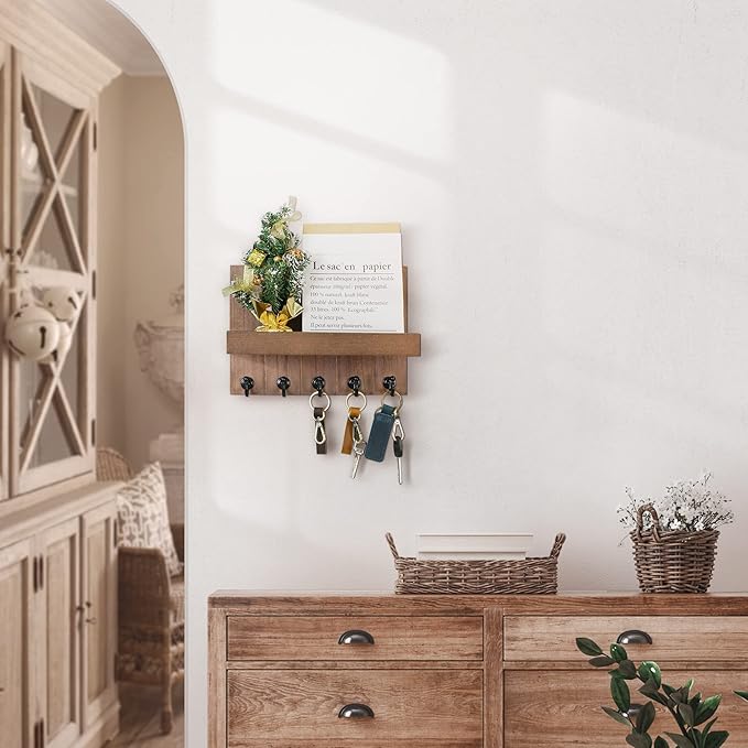 Rebee Vision Decorative Key Holder for Wall - Rustic Key Hooks with Shelf and Mail Organizer Wall Mount for Farmhouse Wall Decor Living Room - Home Essentials for New Home (Brown, 3.54" x 10" x 7.28")