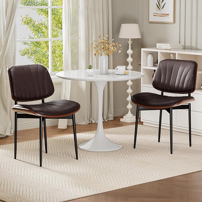 Dining Chairs Set of 8, Mid-Century Modern Upholstered PU Leather Chairs with Walnut Bentwood Back and Metal Legs Adjustable Feet for Kitchen Dining Room, Dark Brown Shell Strips