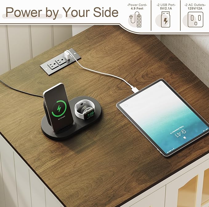 ChooChoo Farmhouse End Table with Charging Station, 24" Large Sofa Side Table with LED, Square Nightstand with Glass Barn Door, Bedside Table with Storage for Living Room, Beige（Cream and Brown