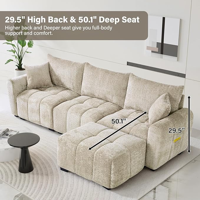 110" L Shaped Modern Boucle Sofa Modular Sectional Cloud Couch with Ottoman, Tufted 4-Seat Deep Seat Sofa with Pillows for Living Room, Bedroom and Apartment, Light Brown