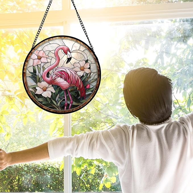 Stained Glass Window Hanging, Flamingo Flower Sun Catchers Diamond Glass Panel Hangings Pink Suncatcher Decor for Birthday for Women, Men, Wife, Aunt, and Mom 15x15 in