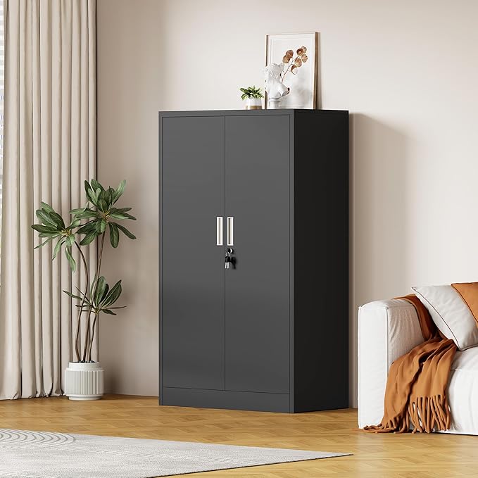 Metal Storage Cabinet with Locking Doors and 3 Adjustable Shelves, Lockable Storage Cabinets for Home Office Garage Kitchen Pantry (Black)