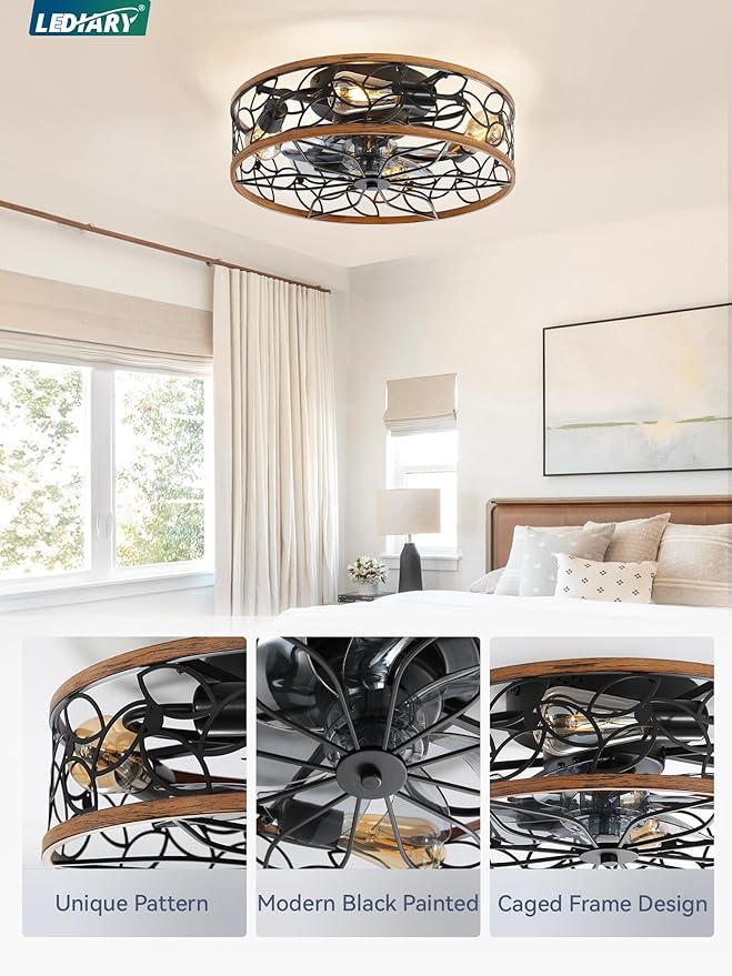 LEDIARY 20 Inch Caged Ceiling Fans with Lights, Farmhouse Flush Mount Ceiling Fan with Remote, Black&Walnut Low Profile Ceiling Fan Light Fixture for Bedroom, Kitchen, Dining Room